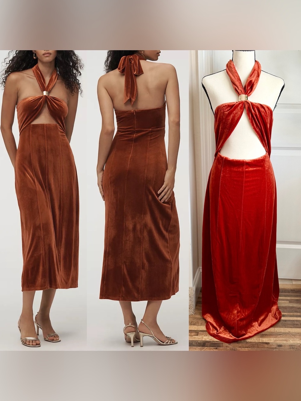 Anthropologie Flat White Velvet Halter Cutout Midi Dress Orange Sz L